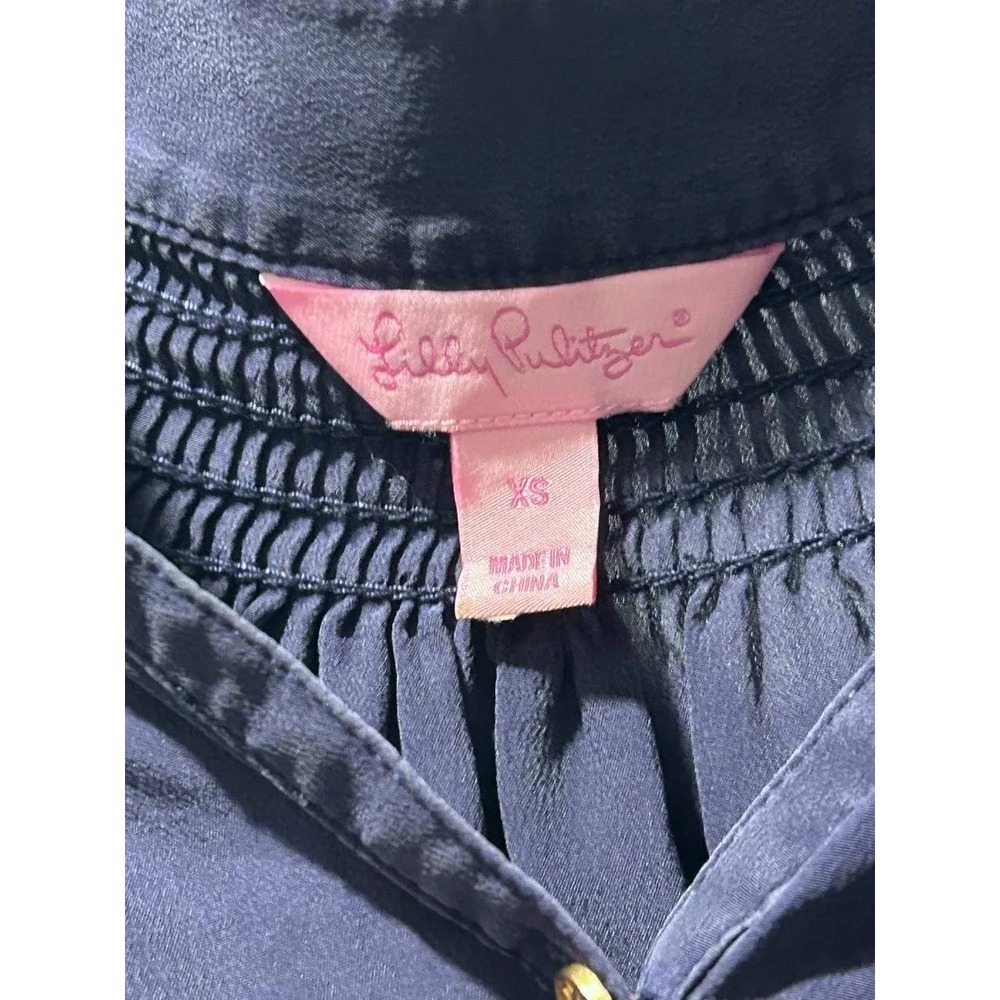 Lilly Pulitzer Blouse Womens XS Navy Pink Excellent Silk Smocked Colorblock Top - Picture 6 of 6